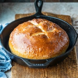 Loaf of bread in a cast iron skillet