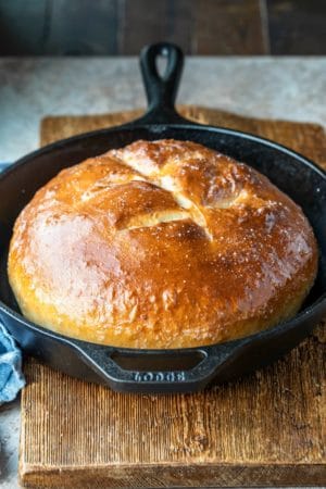 Loaf of bread in a cast iron skillet