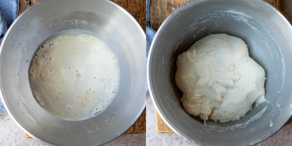 Proofed yeast in a silver mixing bowl