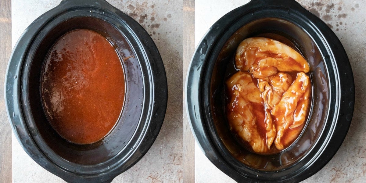 Raw chicken in bbq sauce in a slow cooker insert