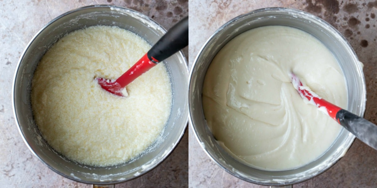 Vanilla cake batter in a silver mixing bowl