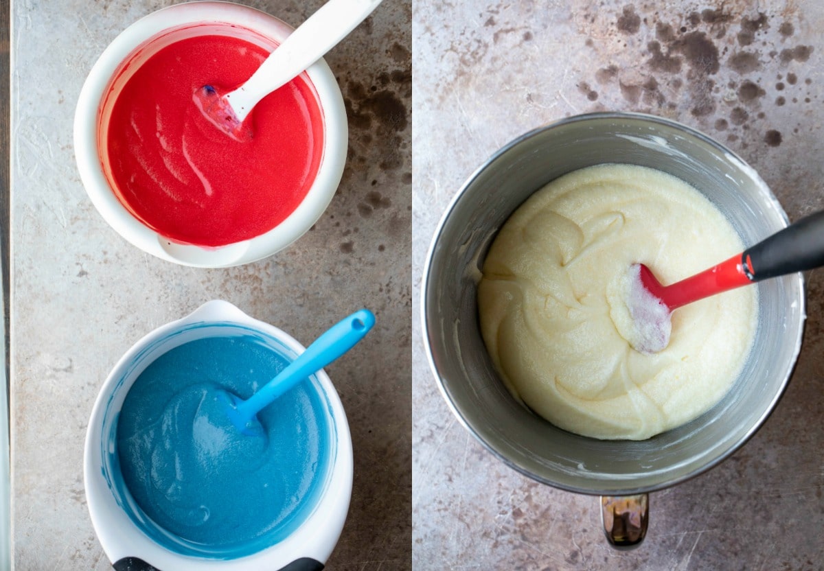 Red, white, and blue cake batters