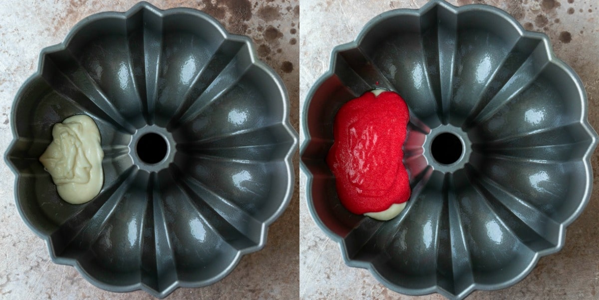 Red and white cake batters in a bundt pan