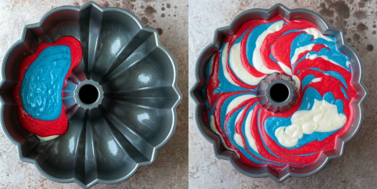 Flag marble cake batter in a bundt pan