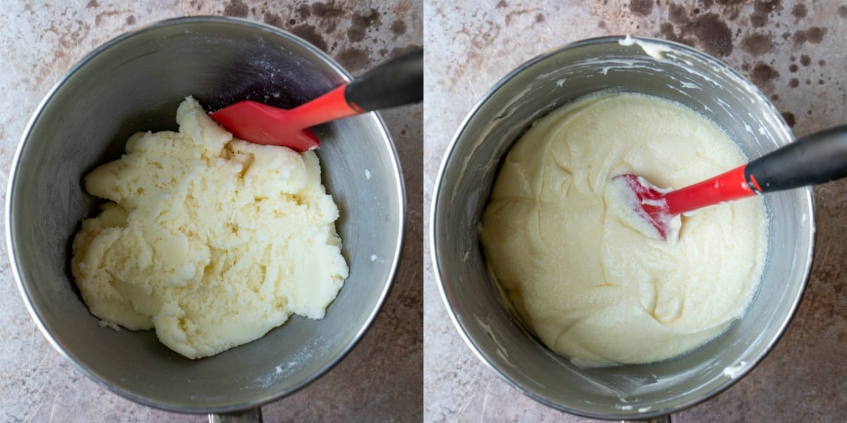 Creamed butter and sugar in a silver bowl