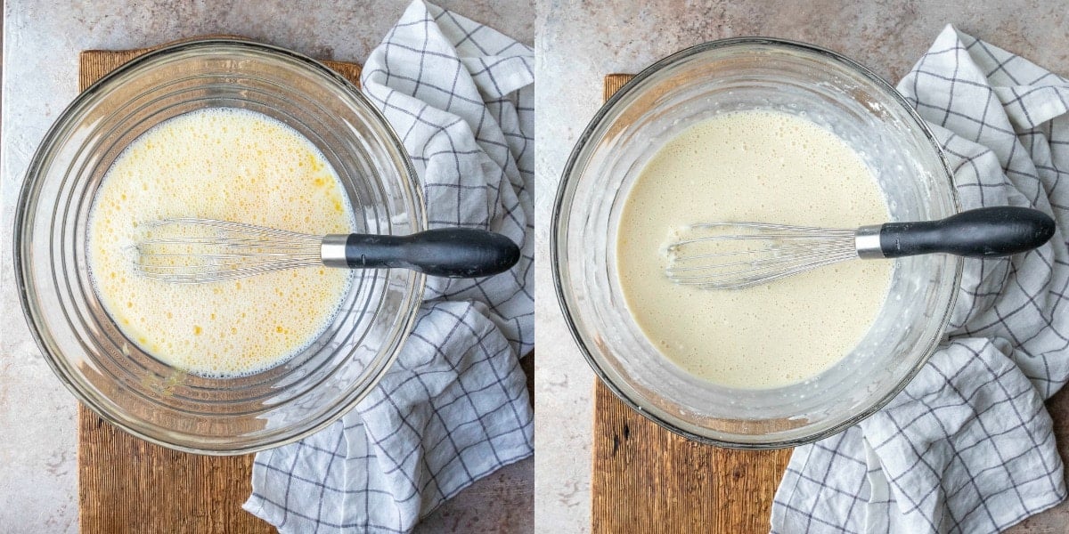 Funnel cake batter in a glass bowl.