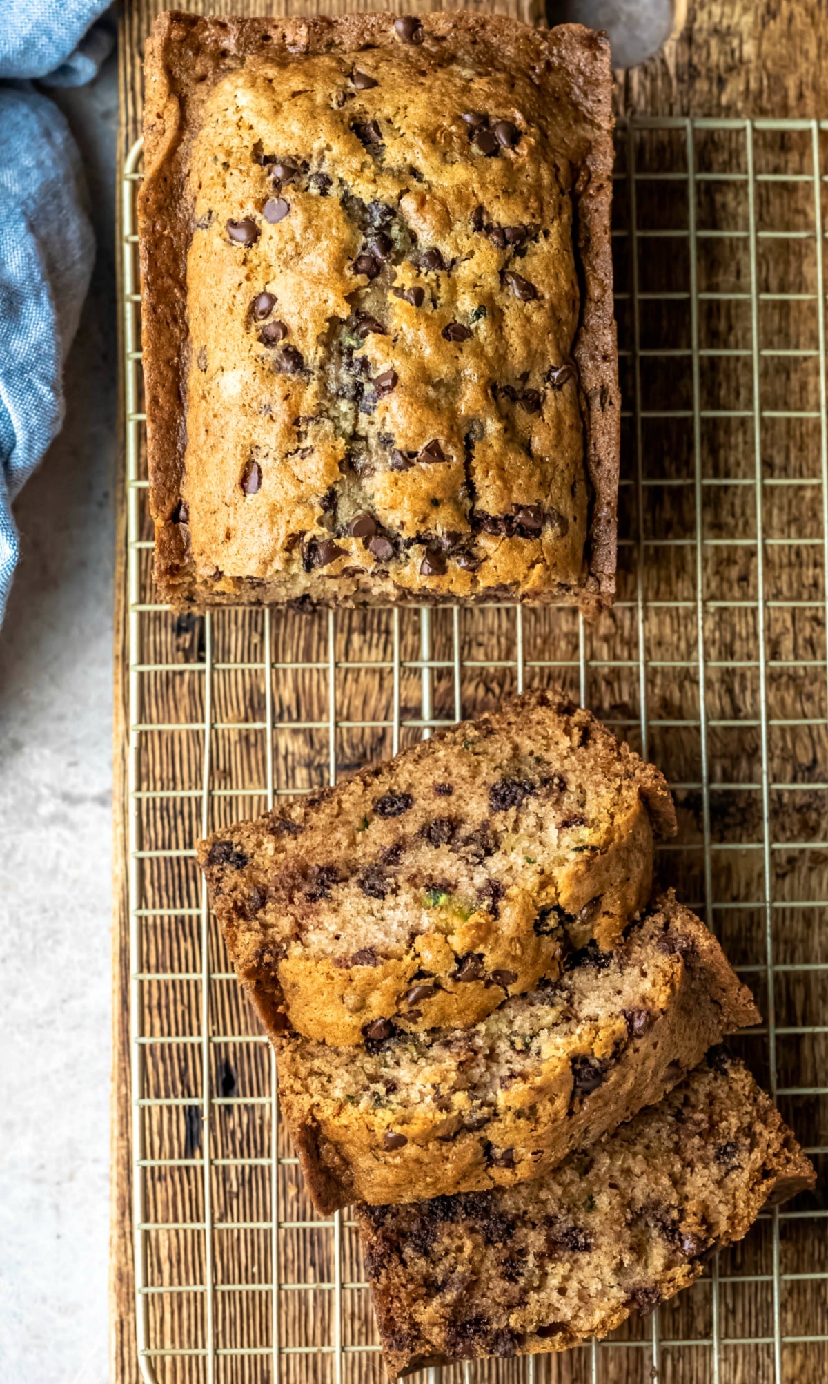 Loaf of chocolate chip zucchini bread with slices cut