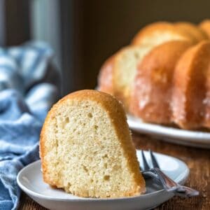 Slice of kentucky butter cake on a white plate