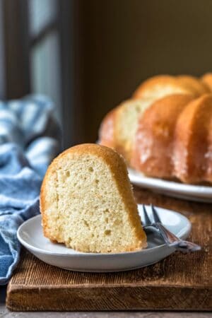 Slice of kentucky butter cake on a white plate