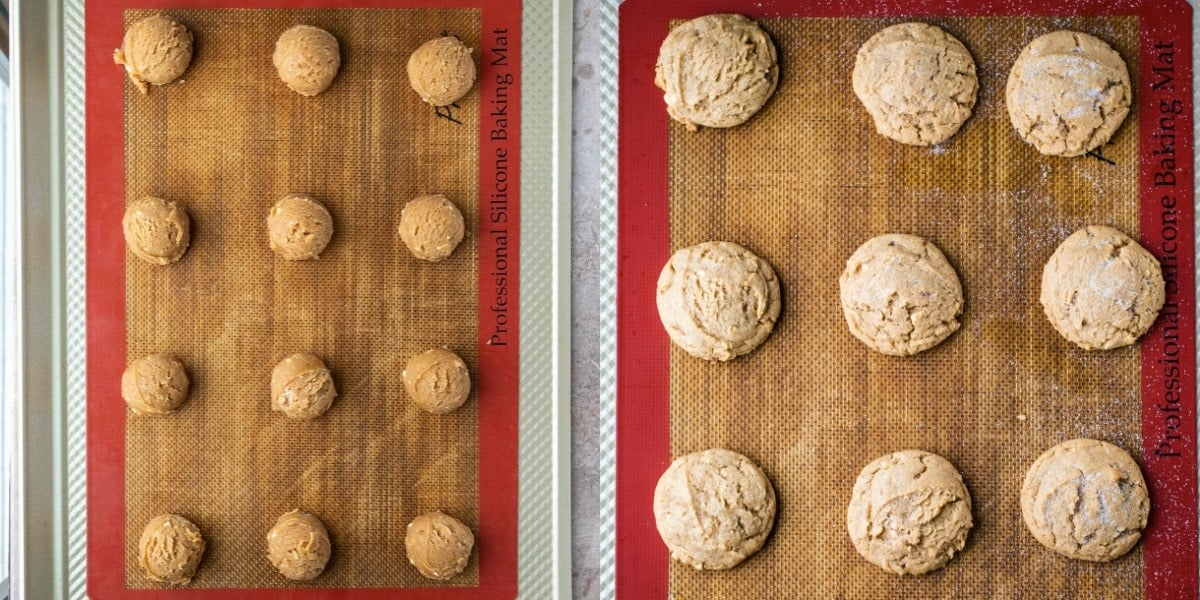 Peanut butter cookie dough scoops on a cookie sheet