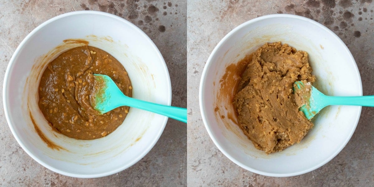 Peanut butter cookie dough in a white mixing bowl