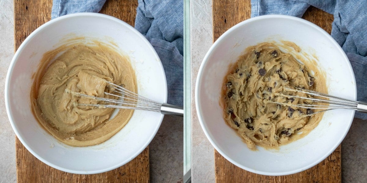 Chocolate chip cookie dough in a white mixing bowl