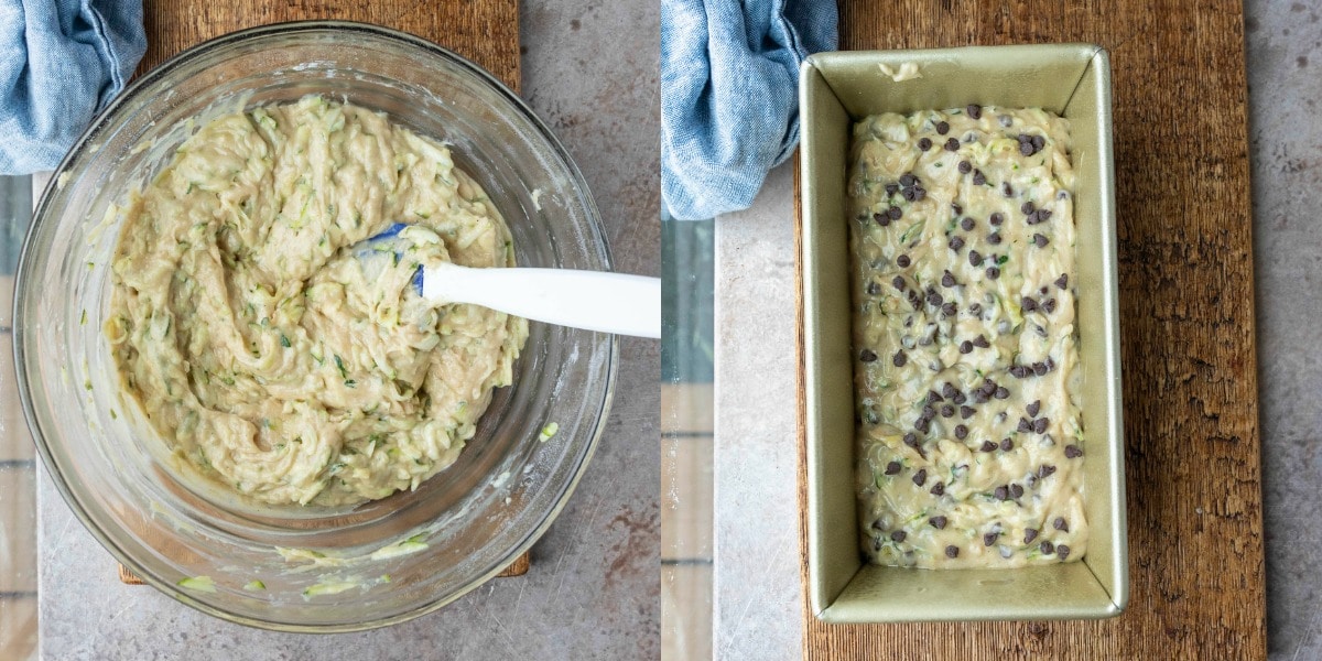 Chocolate chip zucchini bread batter in a loaf pan