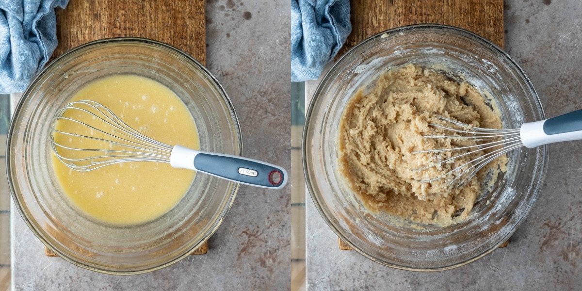 Zucchini bread batter in a glass mixing bowl