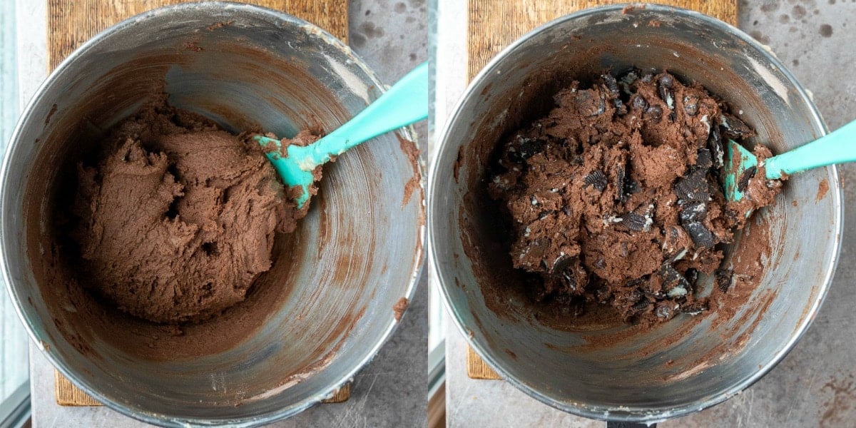 Chocolate cookie dough in a silver mixing bowl