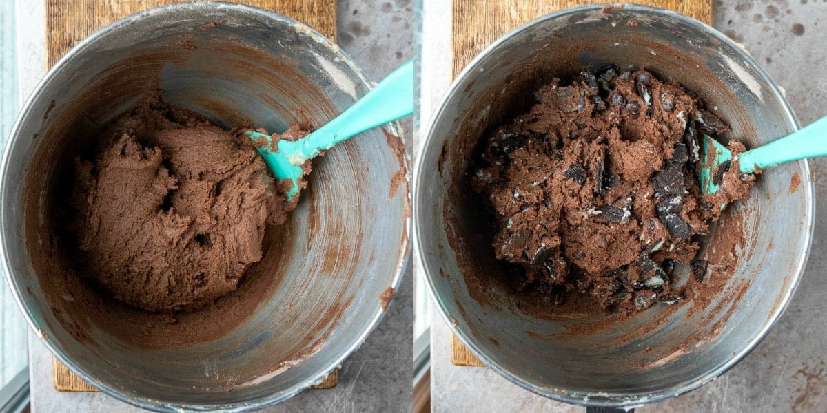 Chocolate cookie dough in a silver mixing bowl