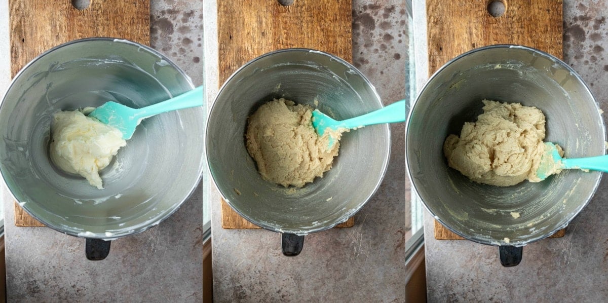 Creamed butter and sugar in a silver mixing bowl