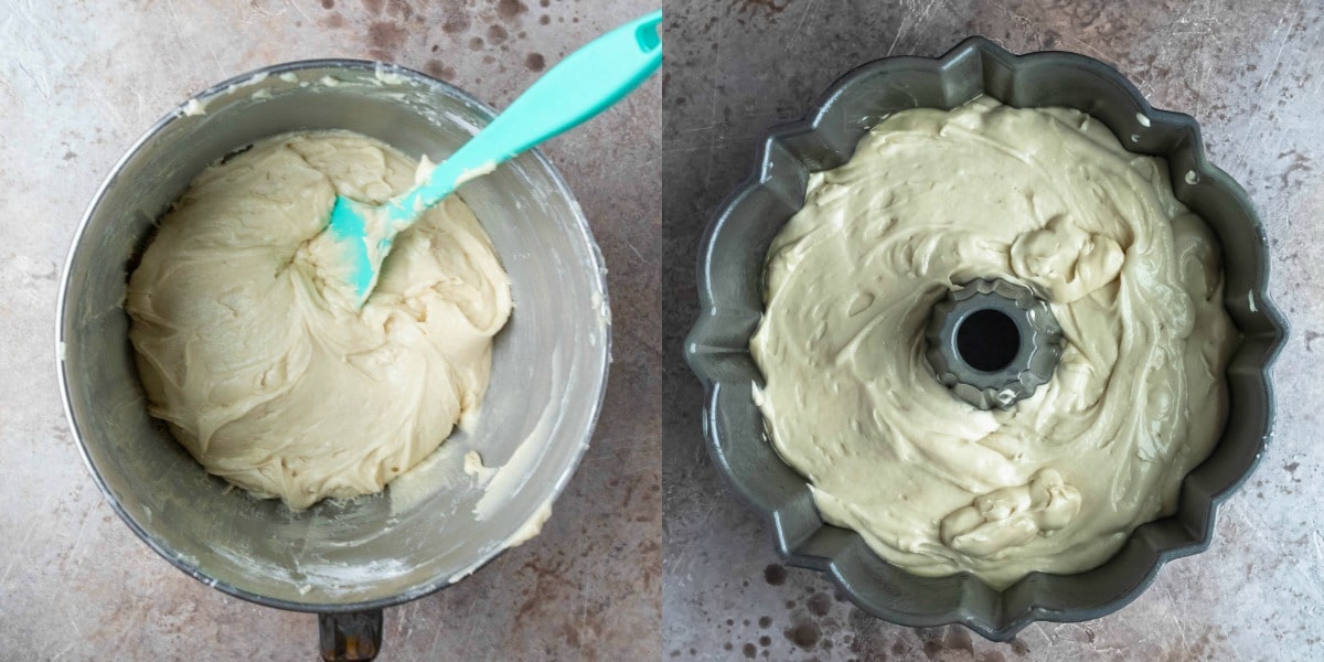 Kentucky butter cake batter in a silver bundt pan