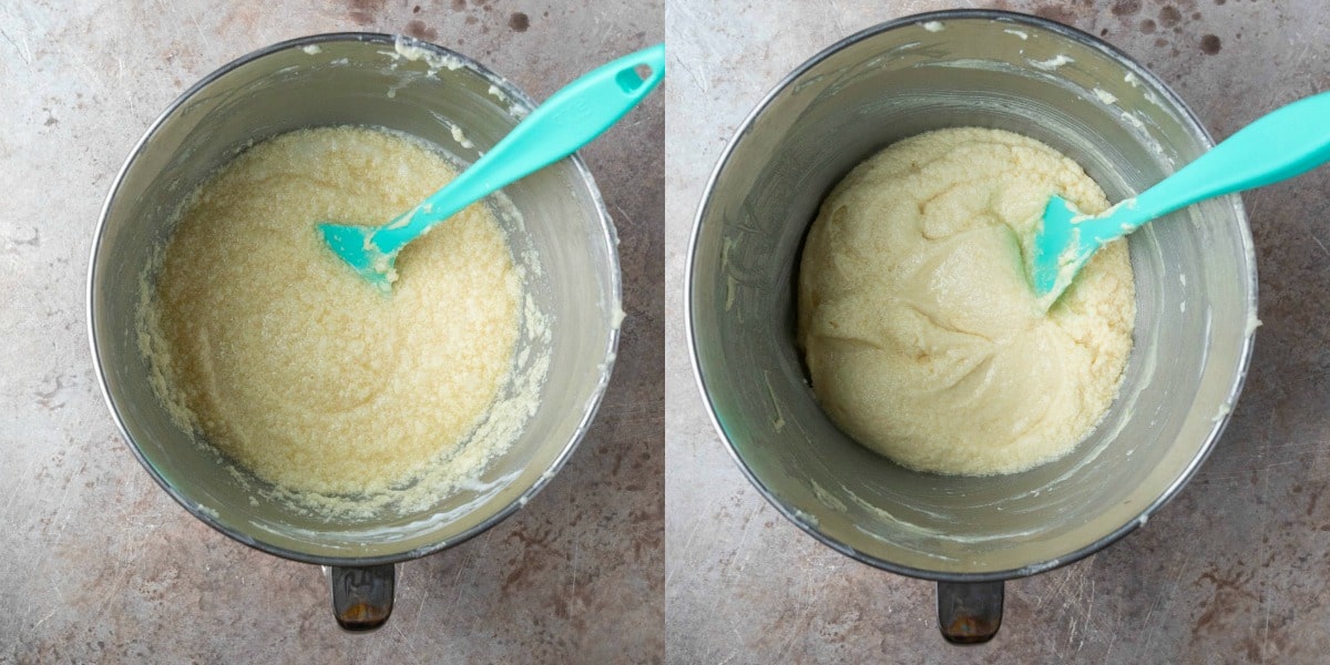 Creamed butter and sugar in a silver mixing bowl