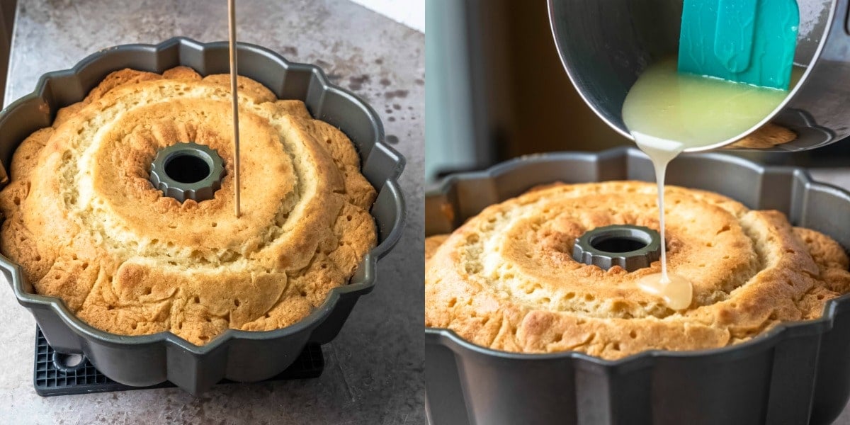 Butter glaze pouring onto a kentucky butter cake