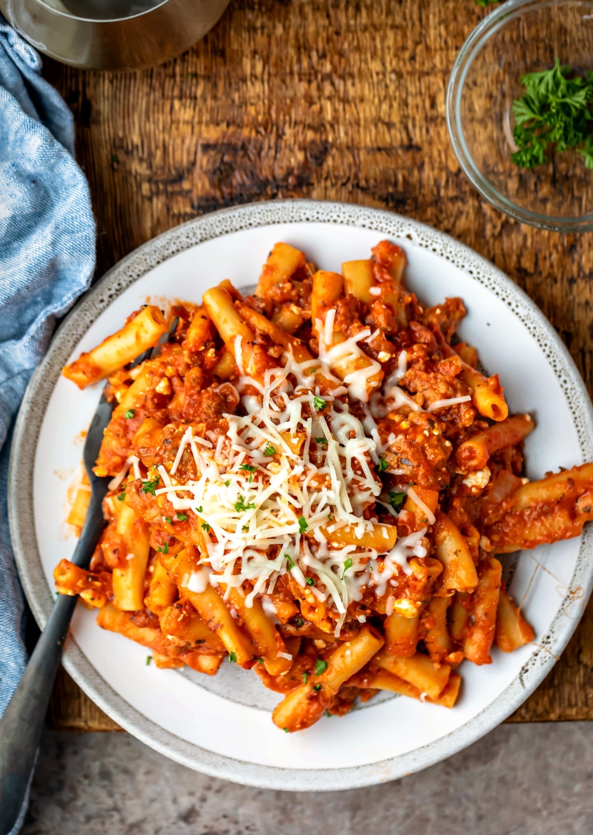 Plate of Instant pot ziti with a fork in it