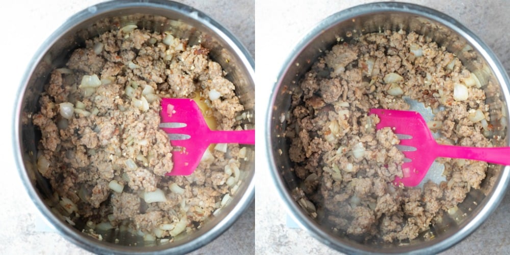Browned ground beef in a silver instant pot inner pot