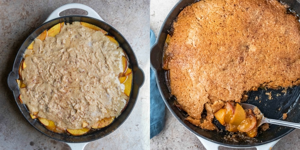 Unbaked peach cobbler in a skillet