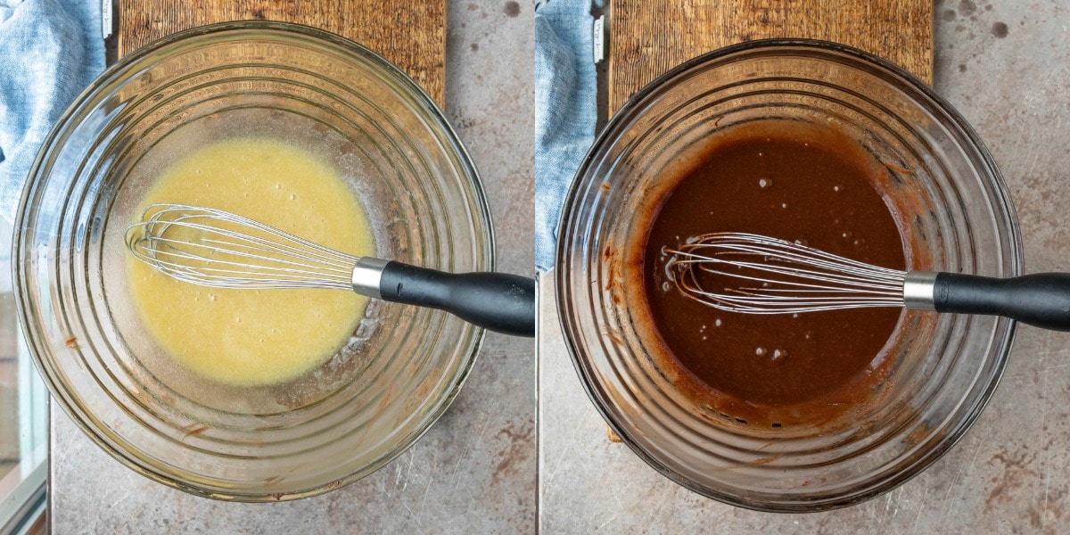 Melted chocolate sugar and oil in a glass mixing bowl