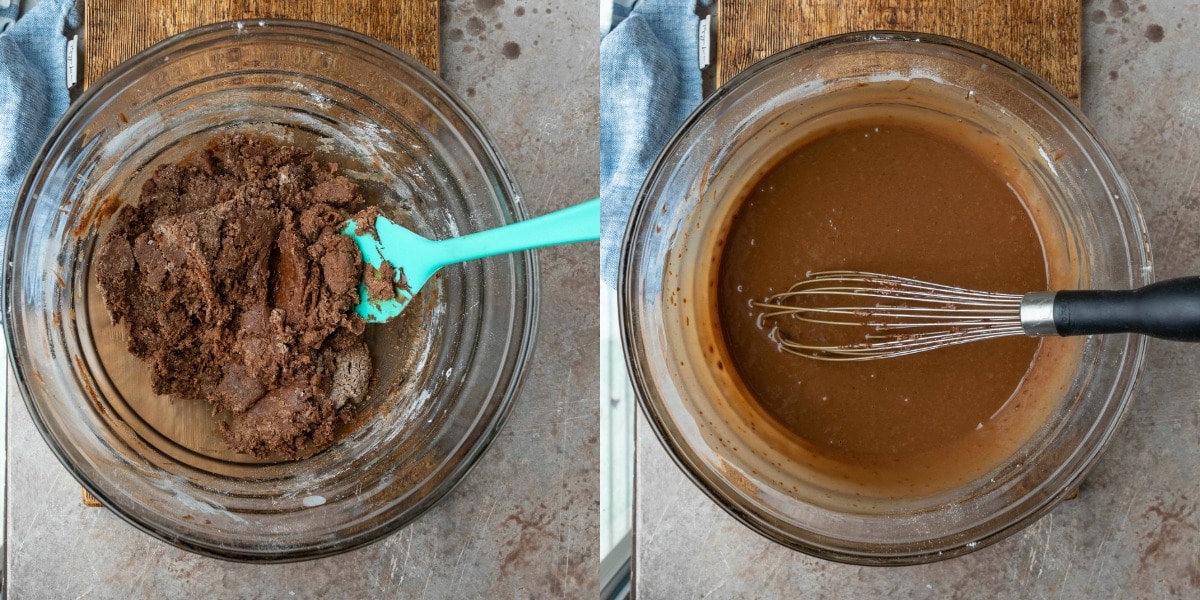 Chocolate cake batter in a glass mixing bowl