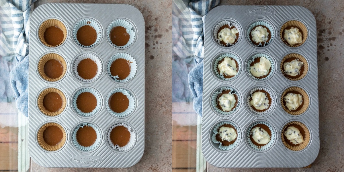 Chocolate cheesecake cupcake batter in a silver muffin tin