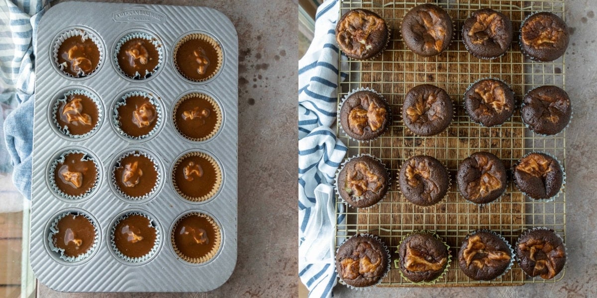 Baked chocolate cheesecake cupcakes on a gold wire cooling rack