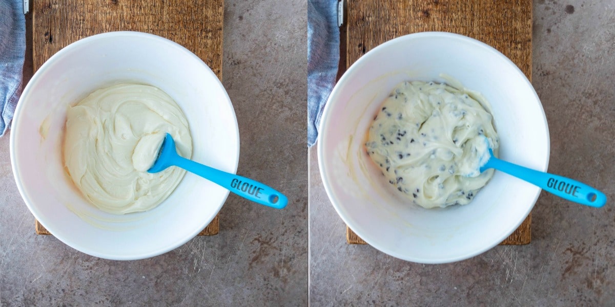 Cream cheese filling in a white mixing bowl