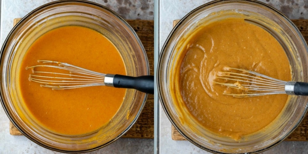 Pumpkin batter in a glass mixing bowl