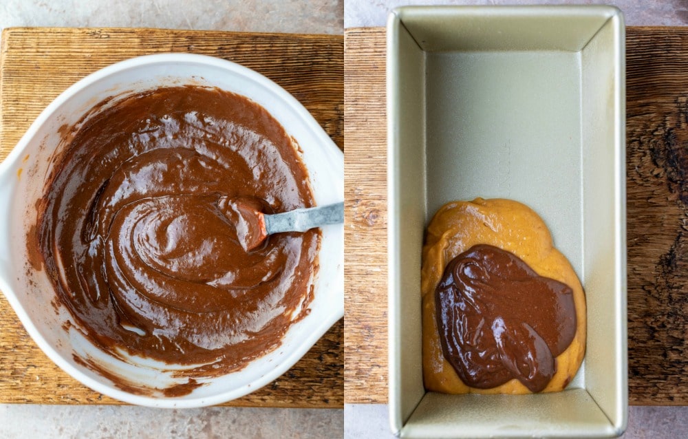 Chocolate batter in a white mixing bowl