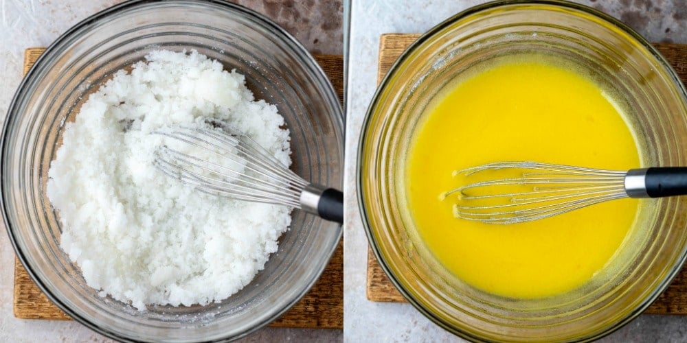 Oil and sugar in a glass mixing bowl