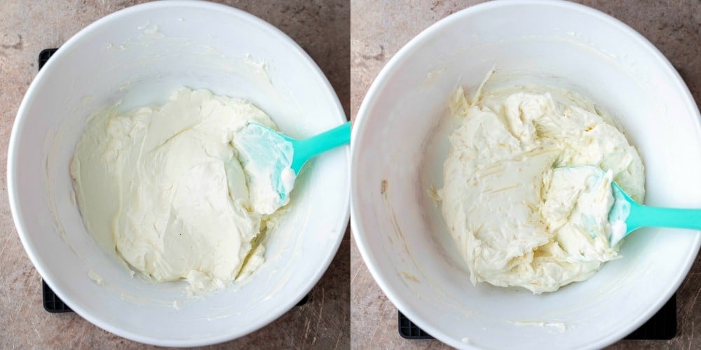 Cream cheese and sour cream in a white mixing bowl