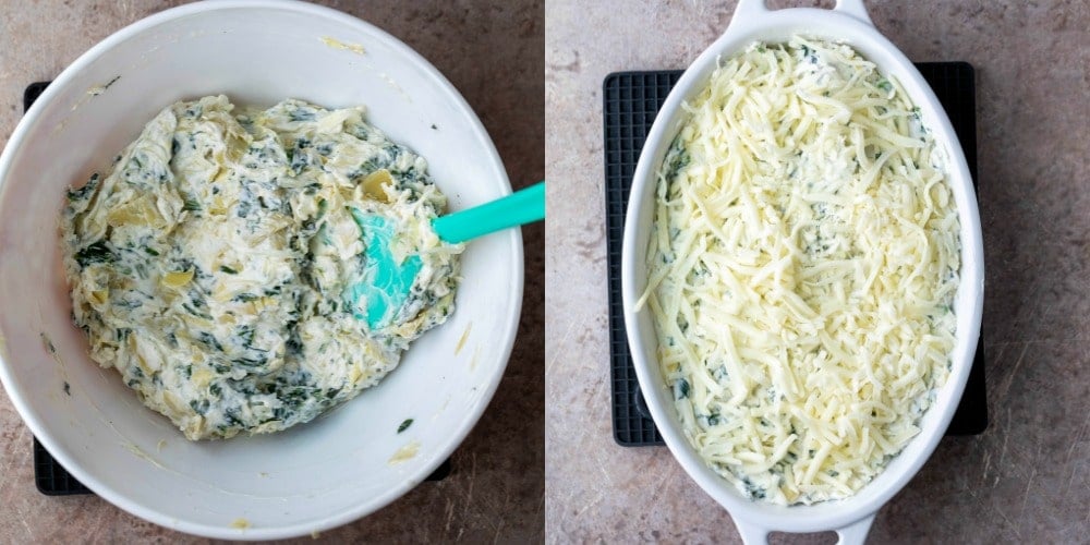 Uncooked spinach artichoke dip in a white mixing bowl
