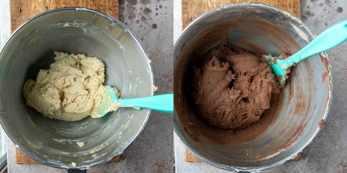 Chocolate cookie dough in a silver mixing bowl