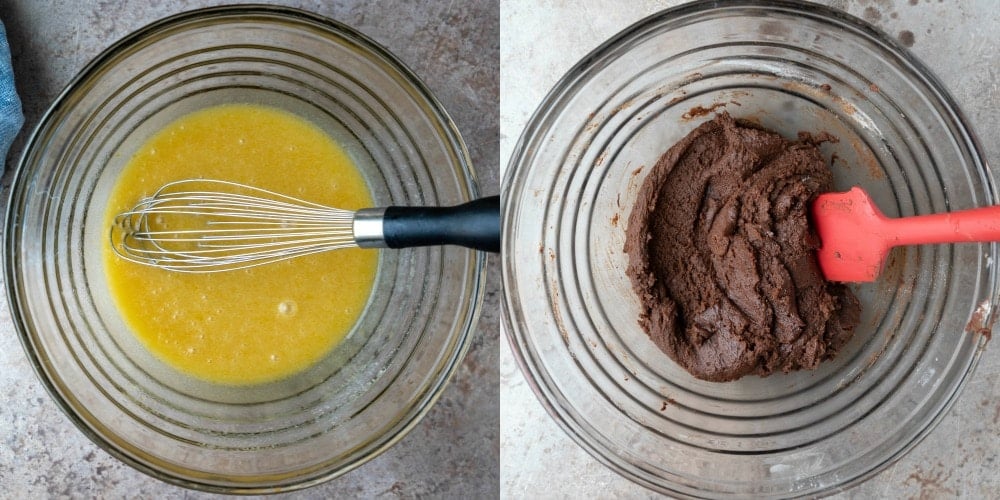 Chocolate cookie dough in a glass mixing bowl