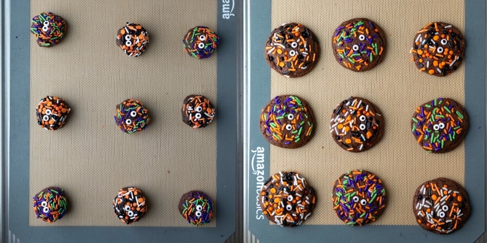 Halloween monster cookie dough scoops on a silicone baking mat