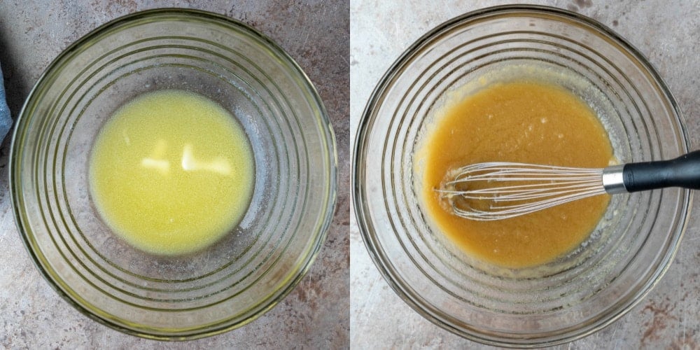 Mixed butter and sugar in a glass mixing bowl