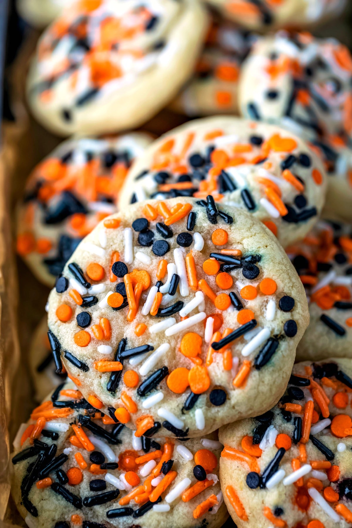 Vanilla cookies topped with Halloween colored sprinkles 