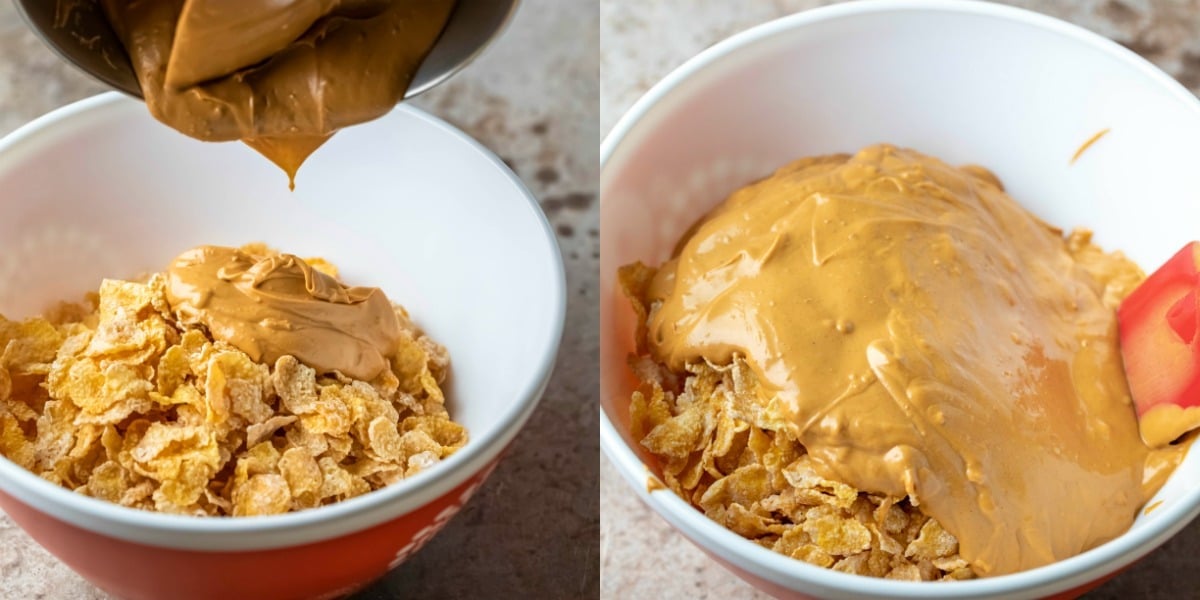 Melted butterscotch and peanut butter pouring onto cornflakes