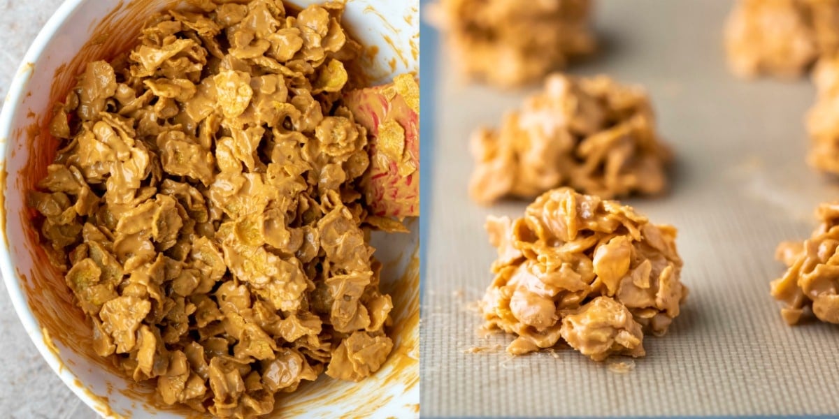 Cornflake cookie mixture in a white mixing bowl