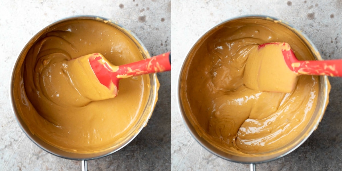 Melted peanut butter and butterscotch in a silver saucepan