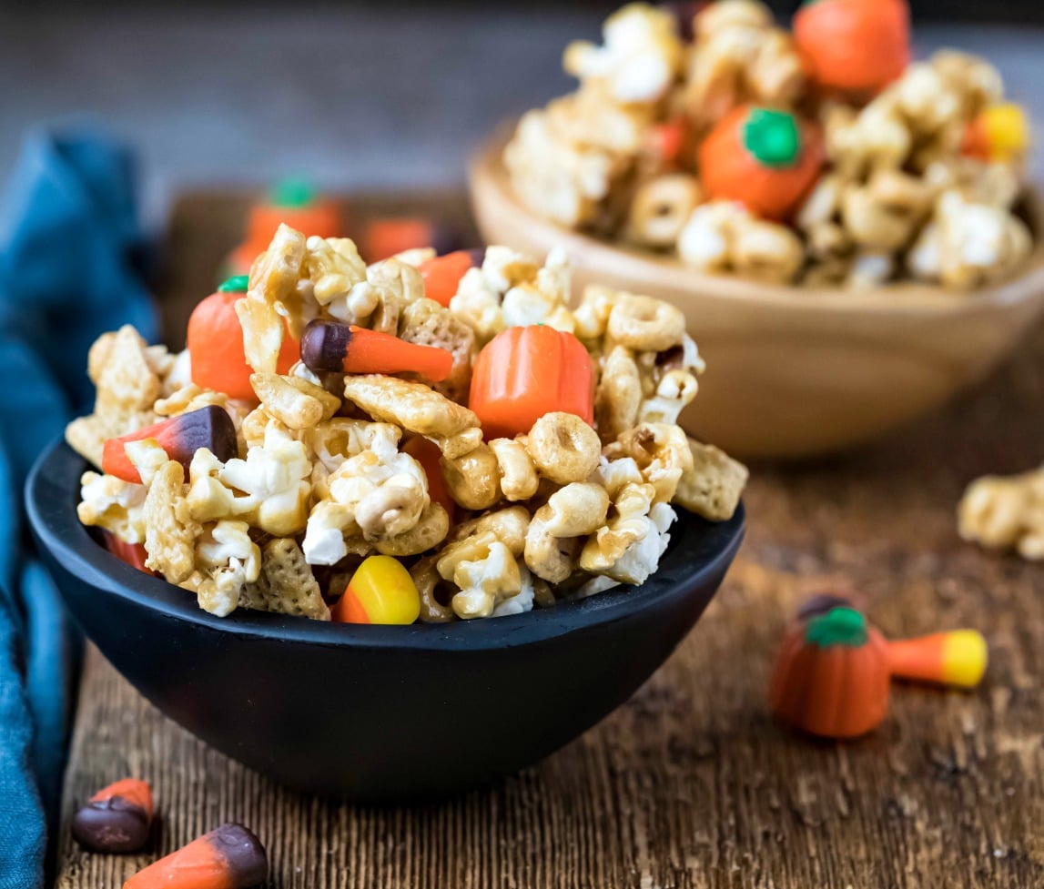 Two bowls of halloween snack mix