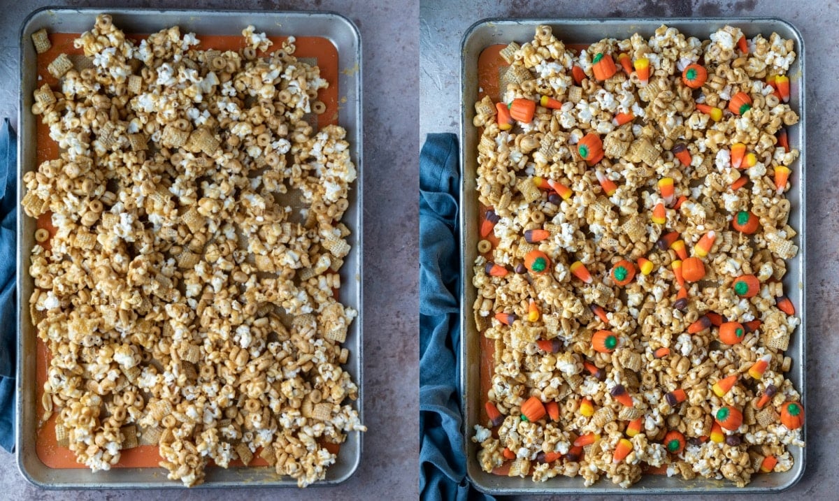 Halloween snack mix in a half sheet pan