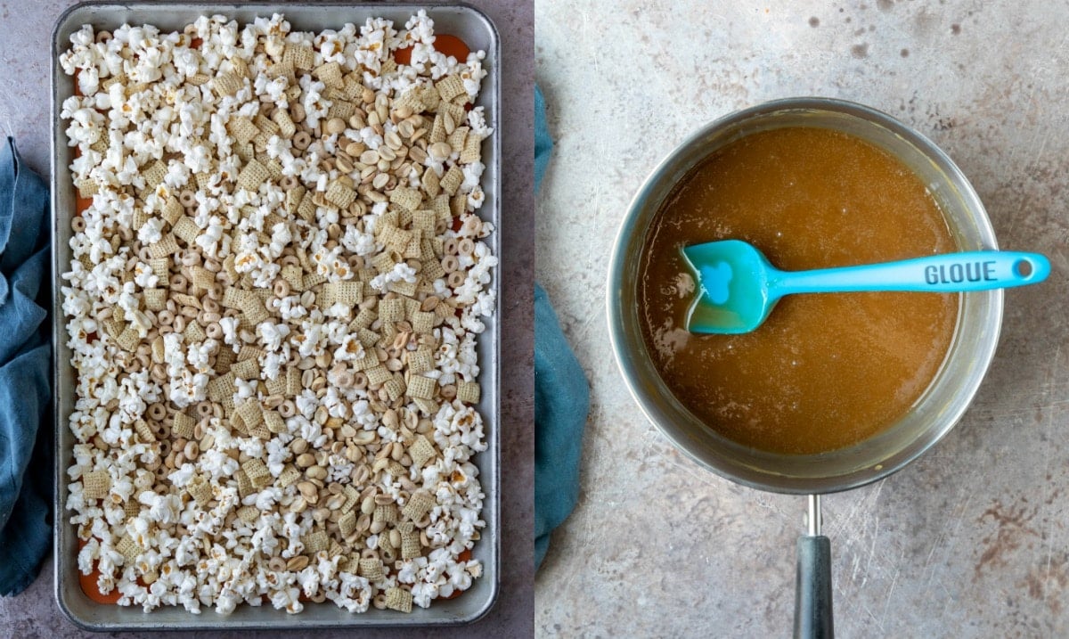 Popcorn mix in a half sheet pan