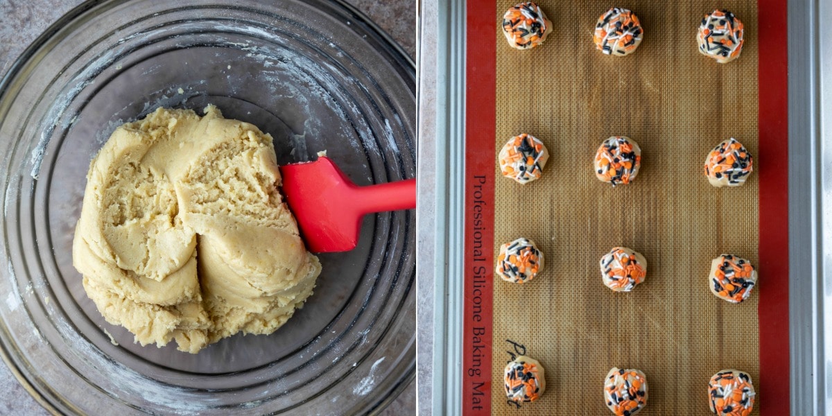 Vanilla cookie dough in a glass mixing bowl.