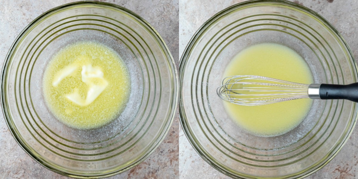 Melted butter in a glass mixing bowl.